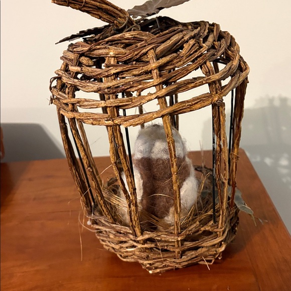 Rustic Wicker Pumpkin Bird Cage Decor w/ Felted Owl Cottagecore - Picture 5 of 7